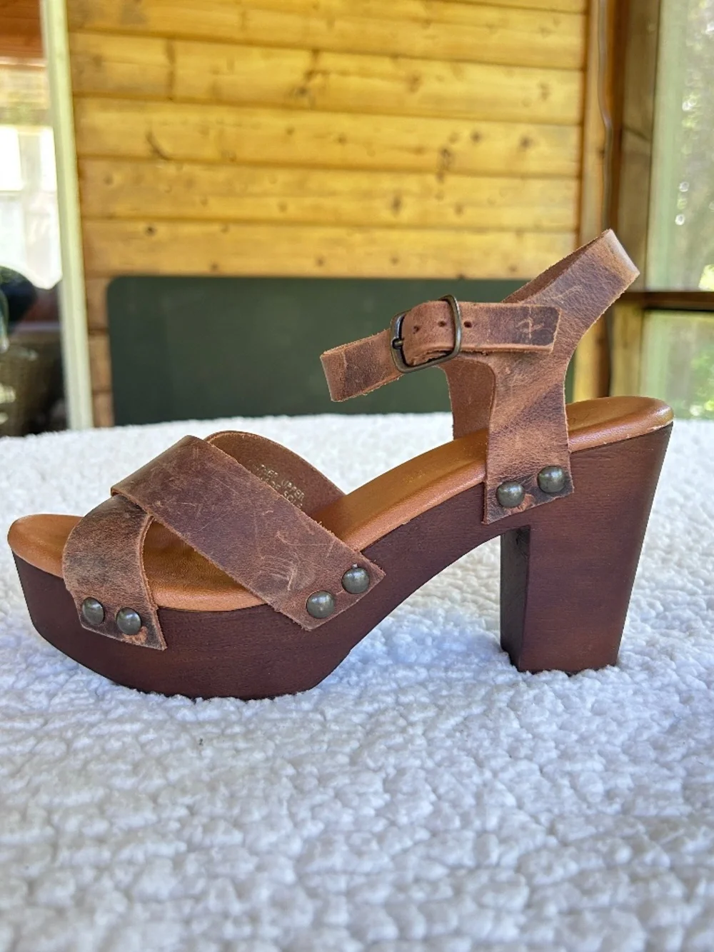 Brown Leather Boho Platform Clog Sandals Heels EU 38/US 8.5-9